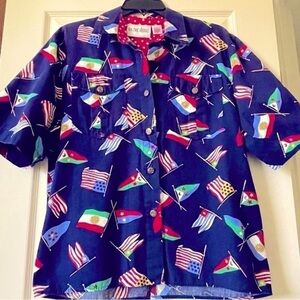 Vintage USA Flag Button Up short Sleeve Shirt Cotton Navy Nautical Size L